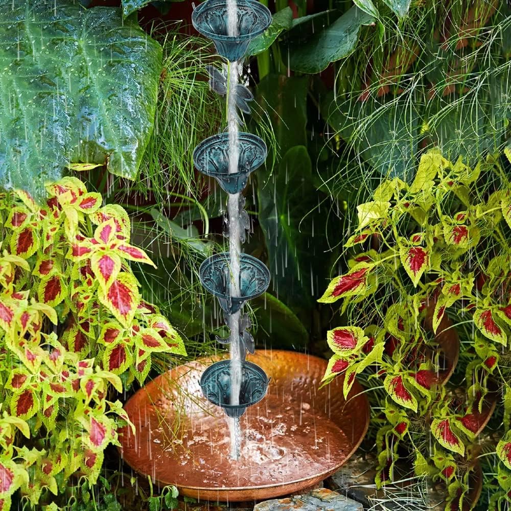 Vindar 8.5 Feet Retro Iron Dragonfly Rain Chain for Gutters Downspouts Uutside, Antique Sky Blue Color 10 Flower Cups