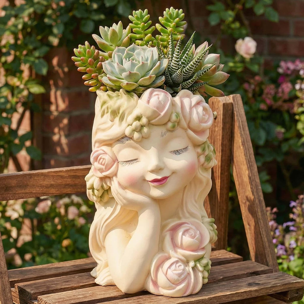 Decorative Garden Fairy Head Planter - Resin Flower Pot, Succulent Planter Holder, Tall Face Planters Pots, Phrenology