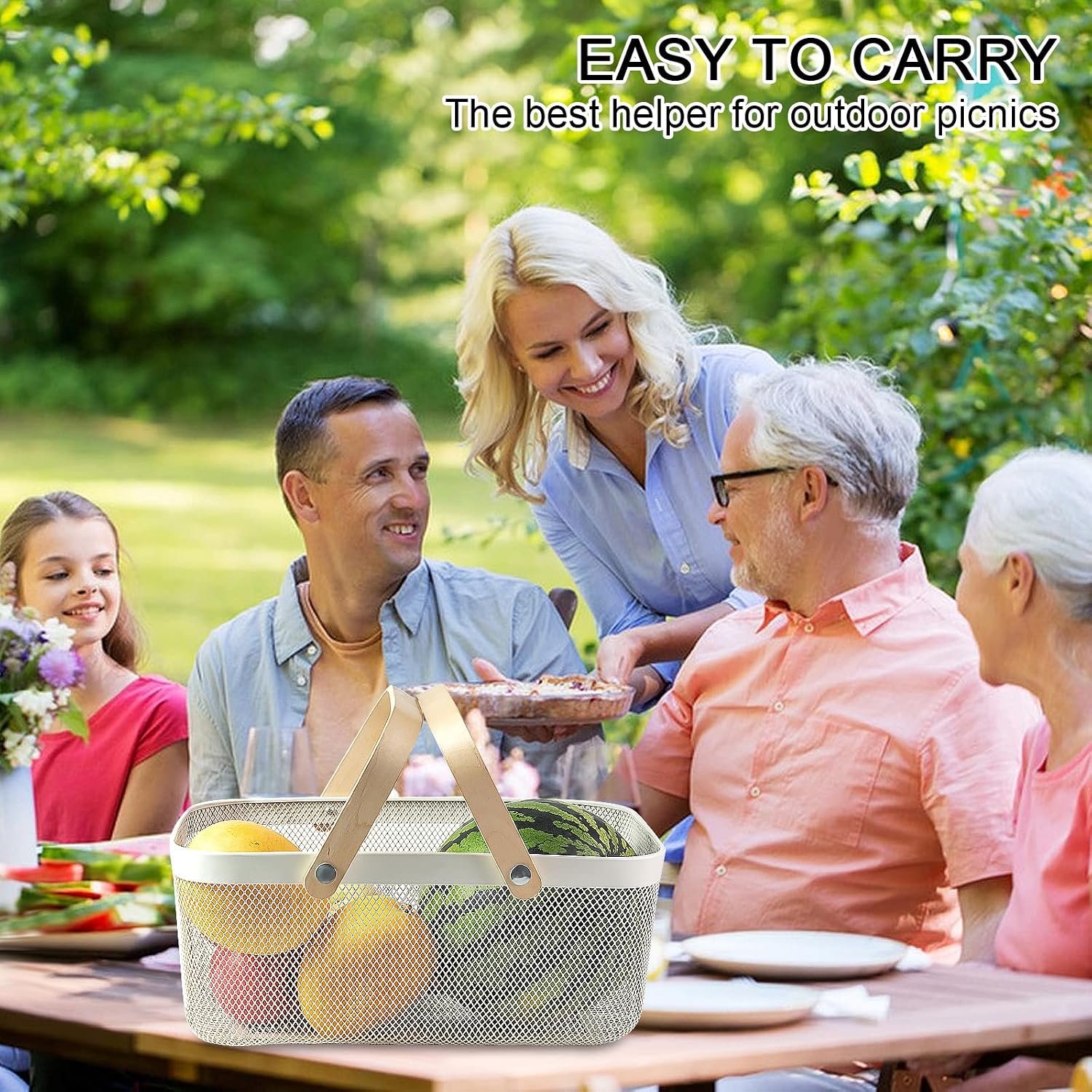 Portable Garden Harvest Basket-Mesh Design Natural Bamboo Handle Wire Storage Baskets,Mesh Basket with Handle Organize