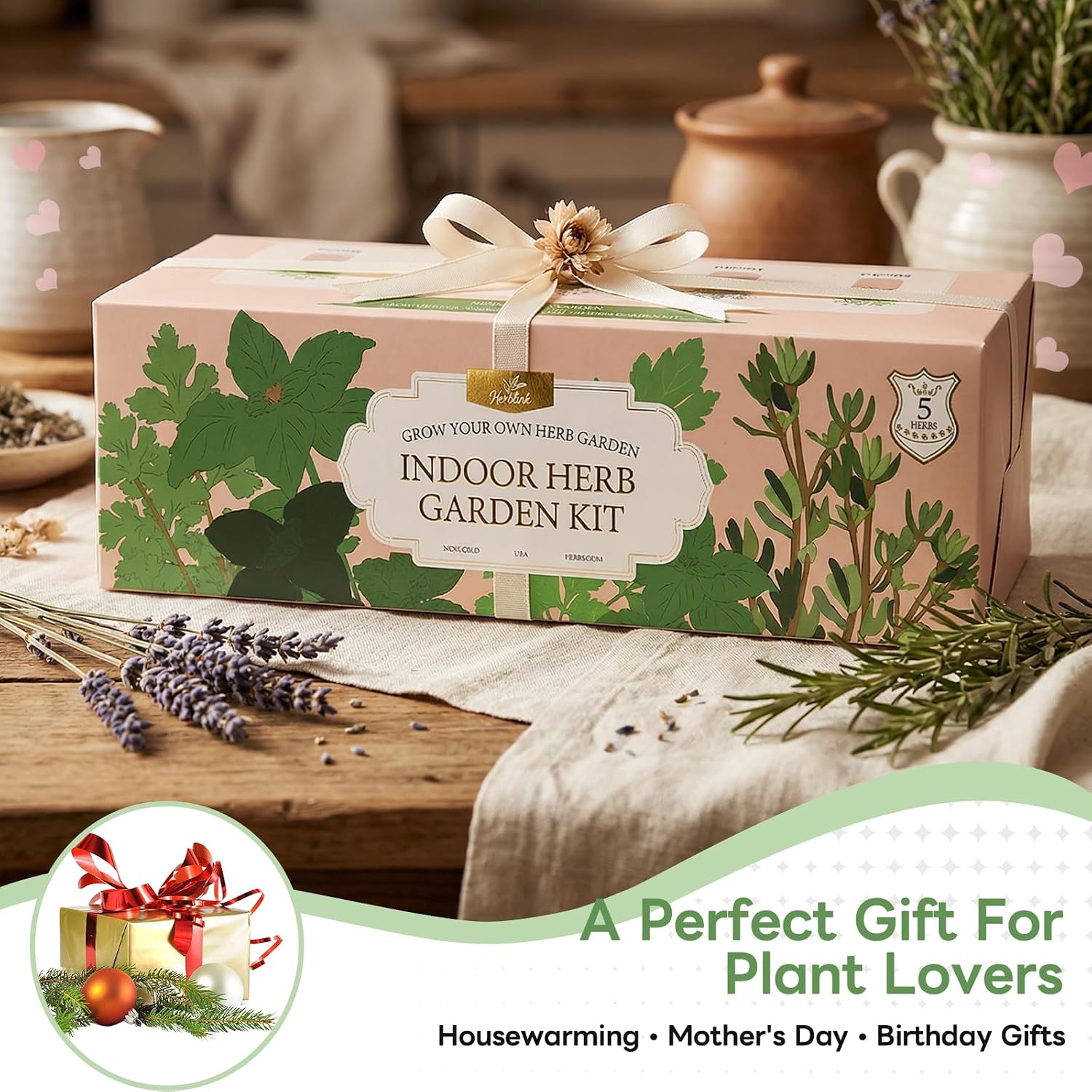 Indoor Herb Garden Starter Kit, Unique Gifts 5 Herb Garden Planter Indoor Kit with Wooden Box Including Basil