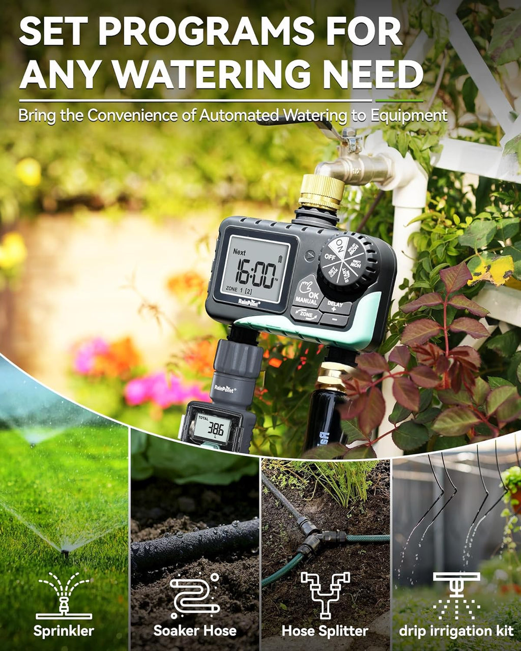 RAINPOINT Water Timer for Garden Hose - Sprinkler Timer with Brass Swivel - Rain Delay/Manual Watering/Automatic