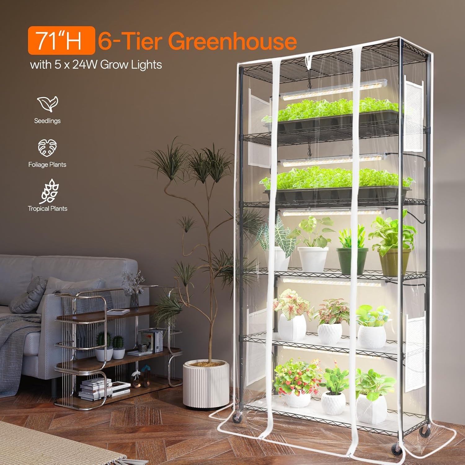 5-Tier Indoor Greenhouse with Grow Light, 35.4x13.8x71in | Indoor Greenhouse, 5-Pack Full Spectrum Plant Lights, Ideal