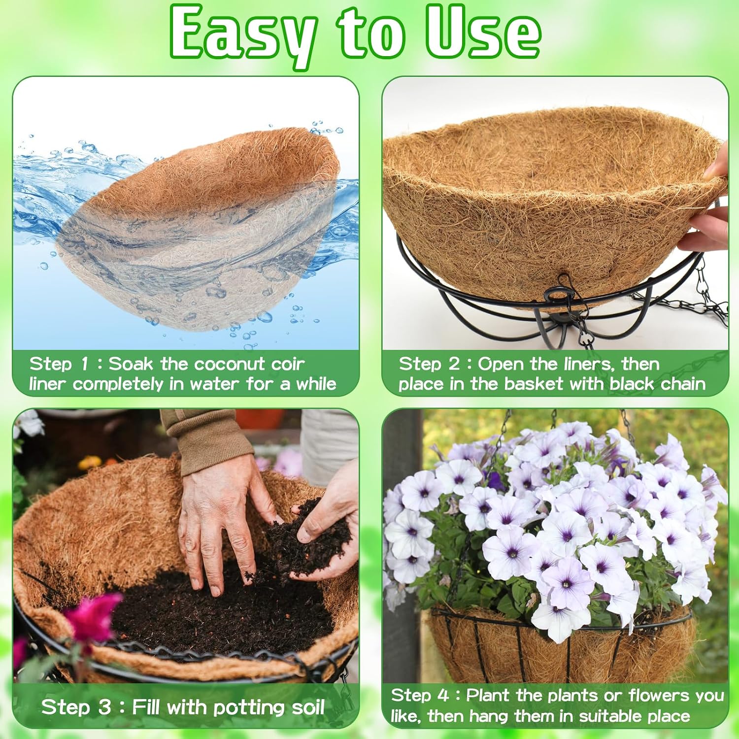 2 Pack 14 Inch Hanging Baskets for Plants Outdoor, Metal Wire Round Planters with Coco Liner, Hanging Flower Baskets