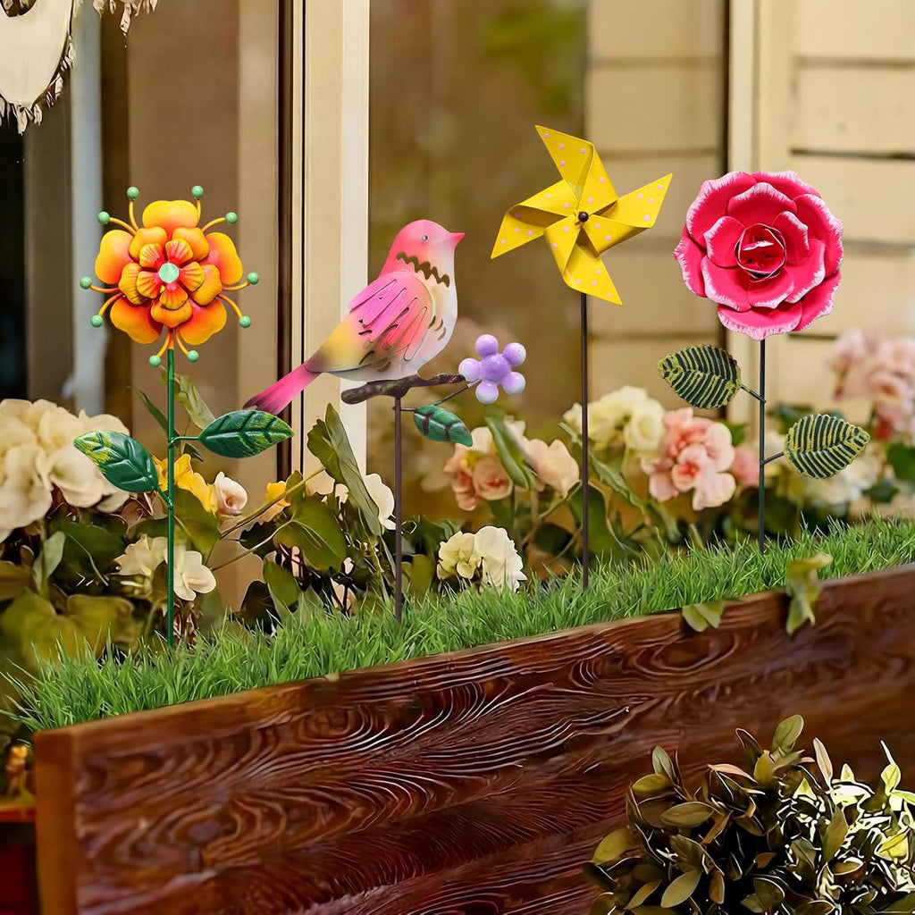 8 Pcs Metal Flower Yard Art for Outside Outdoor 14" 5d Summer Wildflowers Metal Sign Waterproof Garden Stakes Bird
