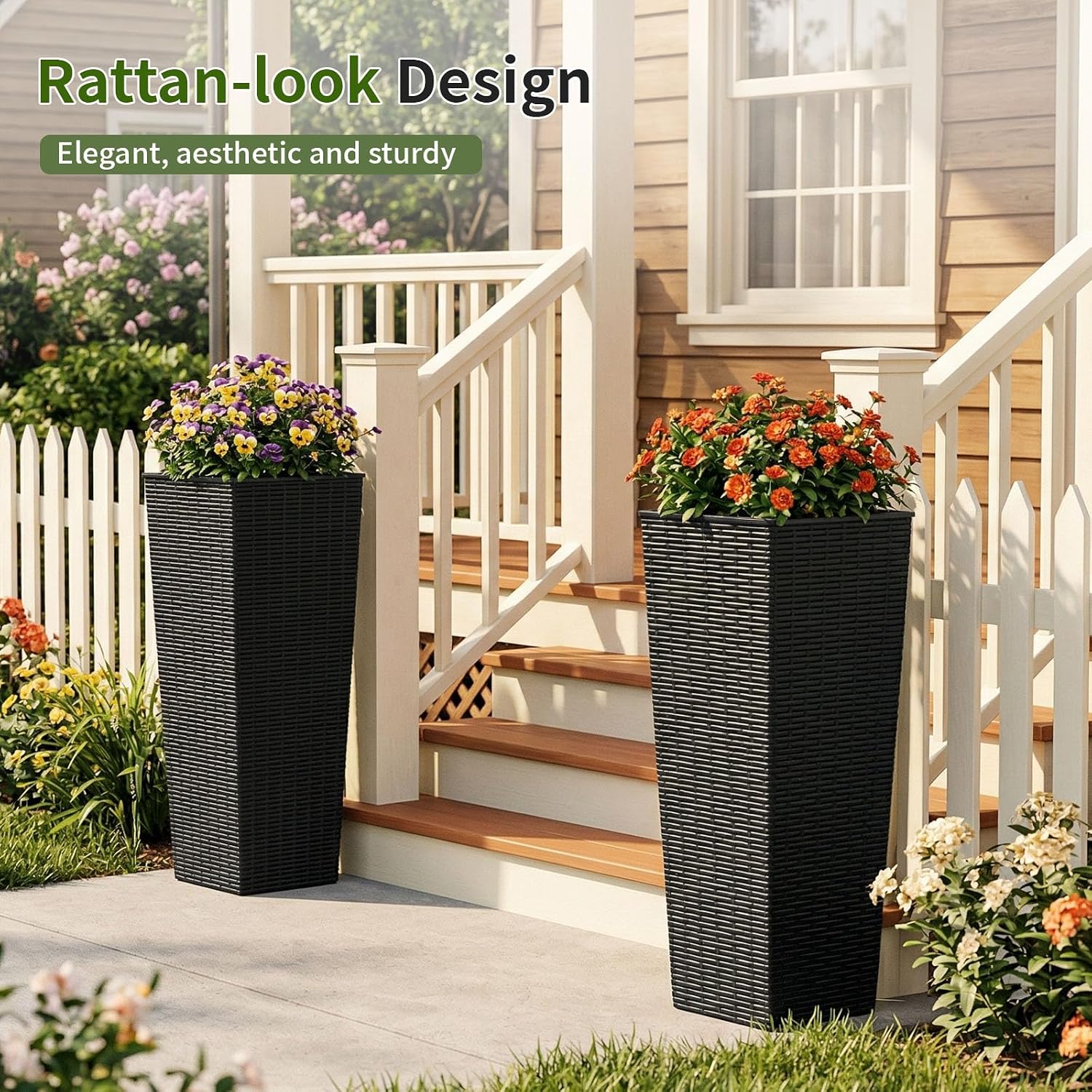 EVLIQUIL 23.8 Inch Tall Planters Set of 2 with Drainage Holes, Black | Large Rattan Textured Indoor & Outdoor