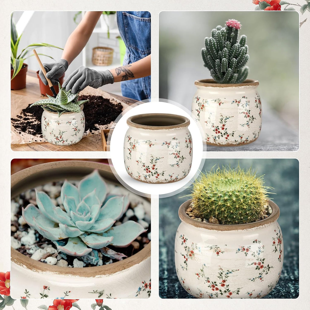 Vintage Planter Large Ceramic Plants Pot Beige Red Floral Pot | Ice Crack Glaze Scroll Flower Pot with Drainage, Rustic
