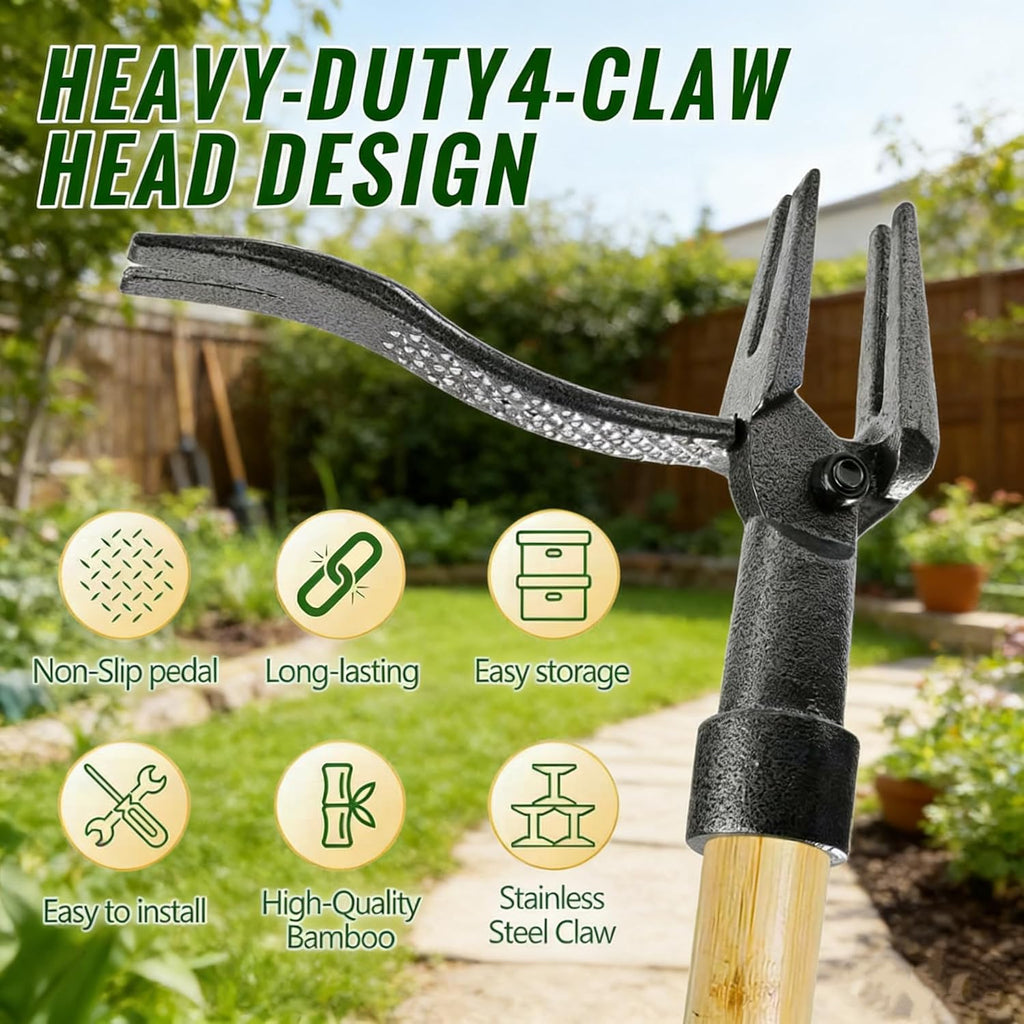 Weed Puller Tool, Stand Up Heavy Duty Weed Remover Tool with Long Handle & 4-Claw Steel Head, Bamboo Garden Hand