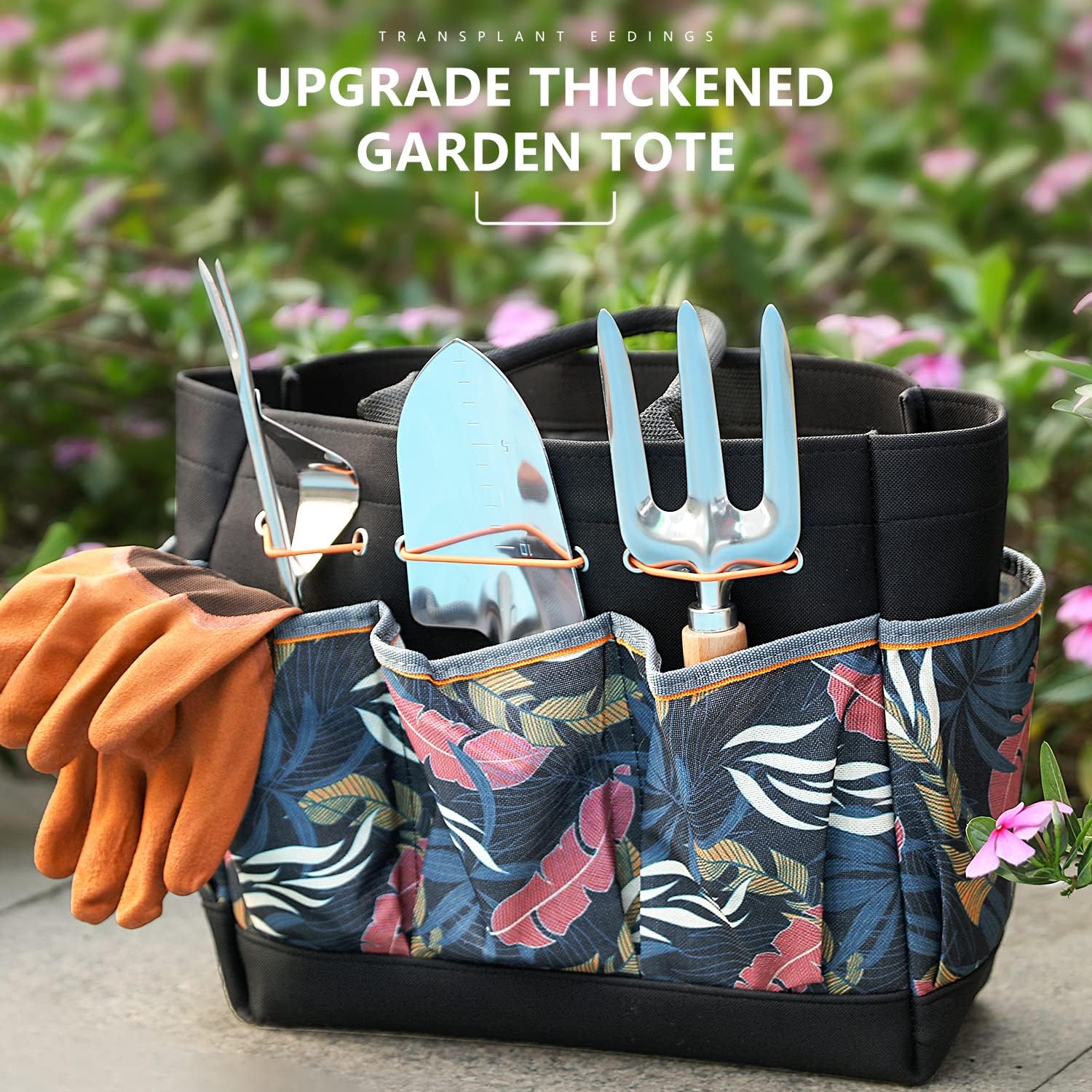 9-Piece Gardening Tools Set with Fashion Handbag, Black Orange | Rust-resistant steel garden tool set with storage bag