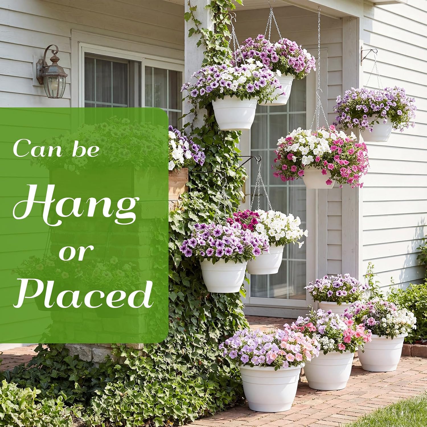 10 Pack 11 Inch Plastic Hanging Planter Bulk White Hanging Baskets for Plants with Drainage Trays Self Watering Plant