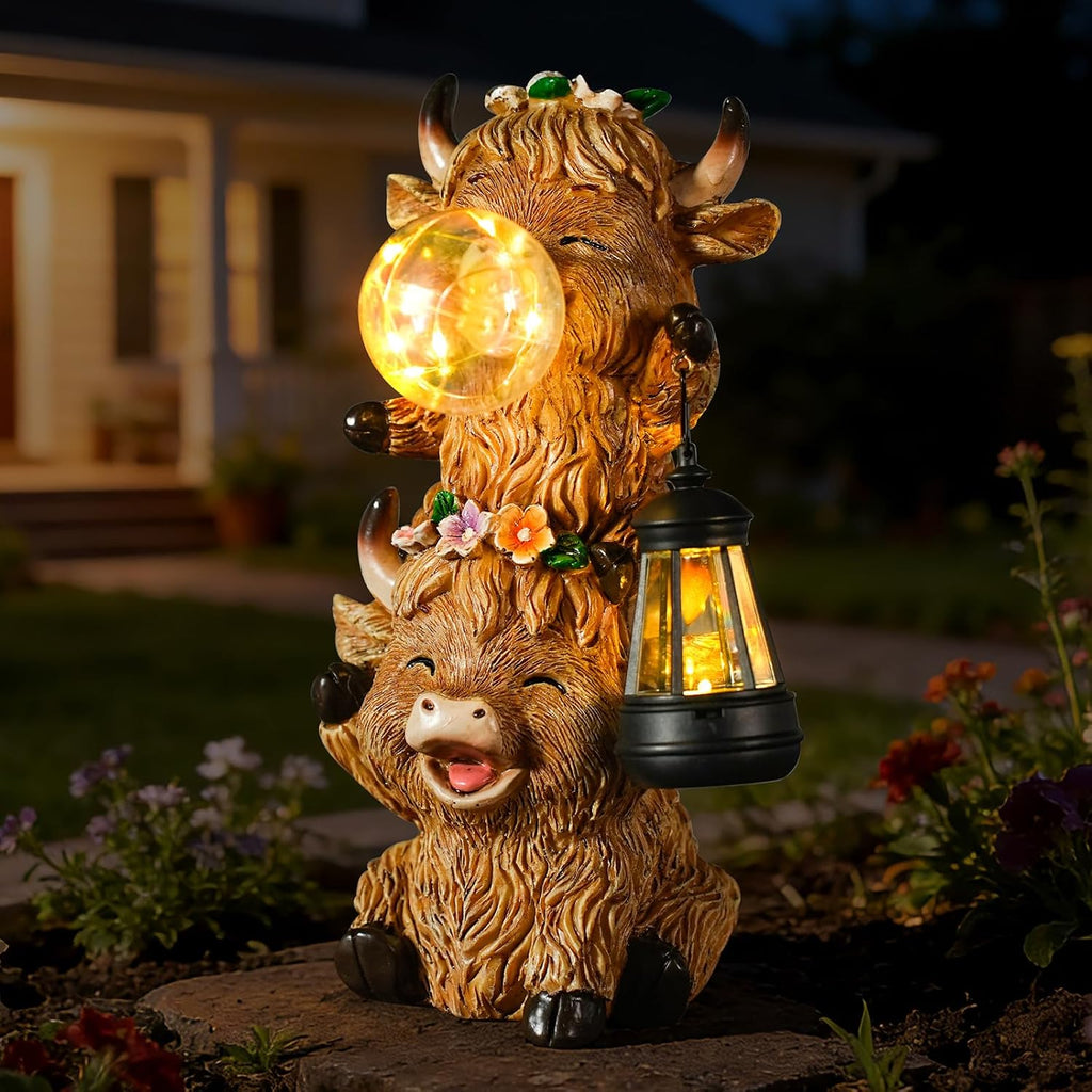 Outdoor Resin Highland Cow Garden Statue | Cute Cow Decoration with Glowing Lantern & Light-Up Bubble, Waterproof Yard