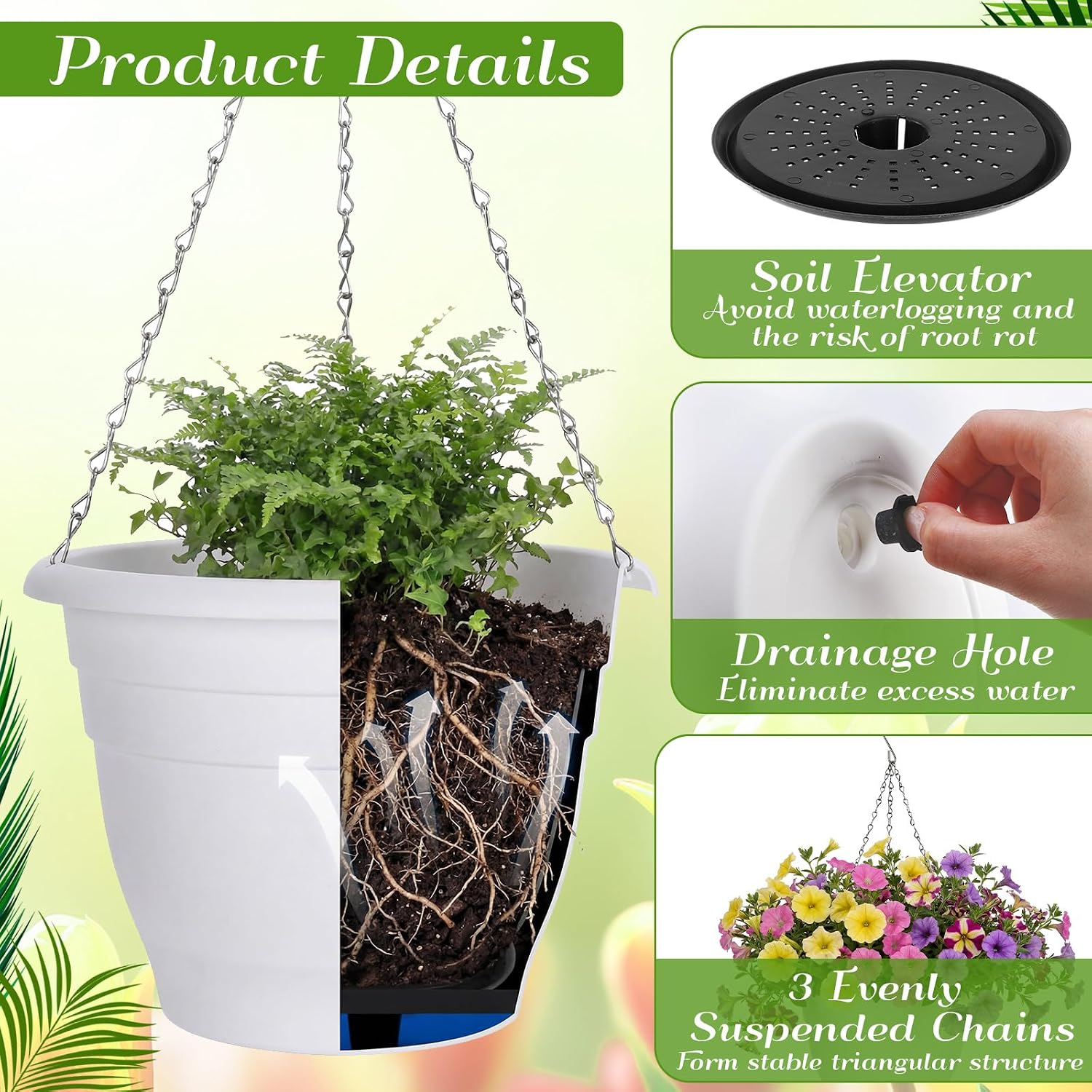 10 Pack 11 Inch Plastic Hanging Planter Bulk White Hanging Baskets for Plants with Drainage Trays Self Watering Plant