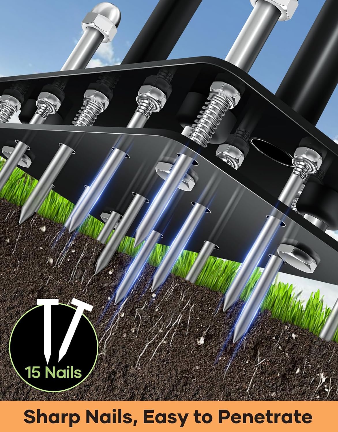 Sakerplus Aerator Lawn Tool, Hand Metal Spike Lawn Aerator with Rebounce Spring Base, Automatic Leaf and Dirt Cleaning