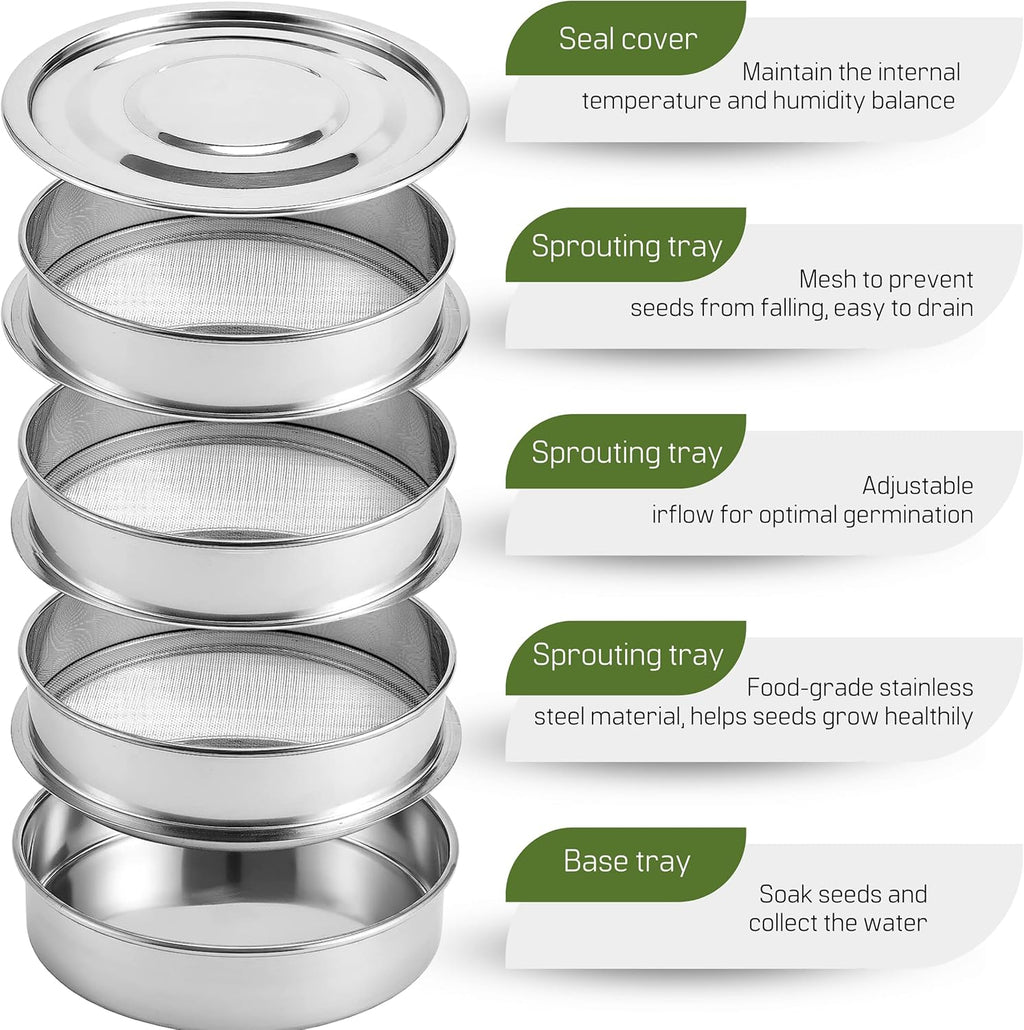Stainless Steel 4-Tier Seed Sprouting Kit, 6'' Diameter, Indoor Gardening Planter for Microgreens Broccoli Sprouts