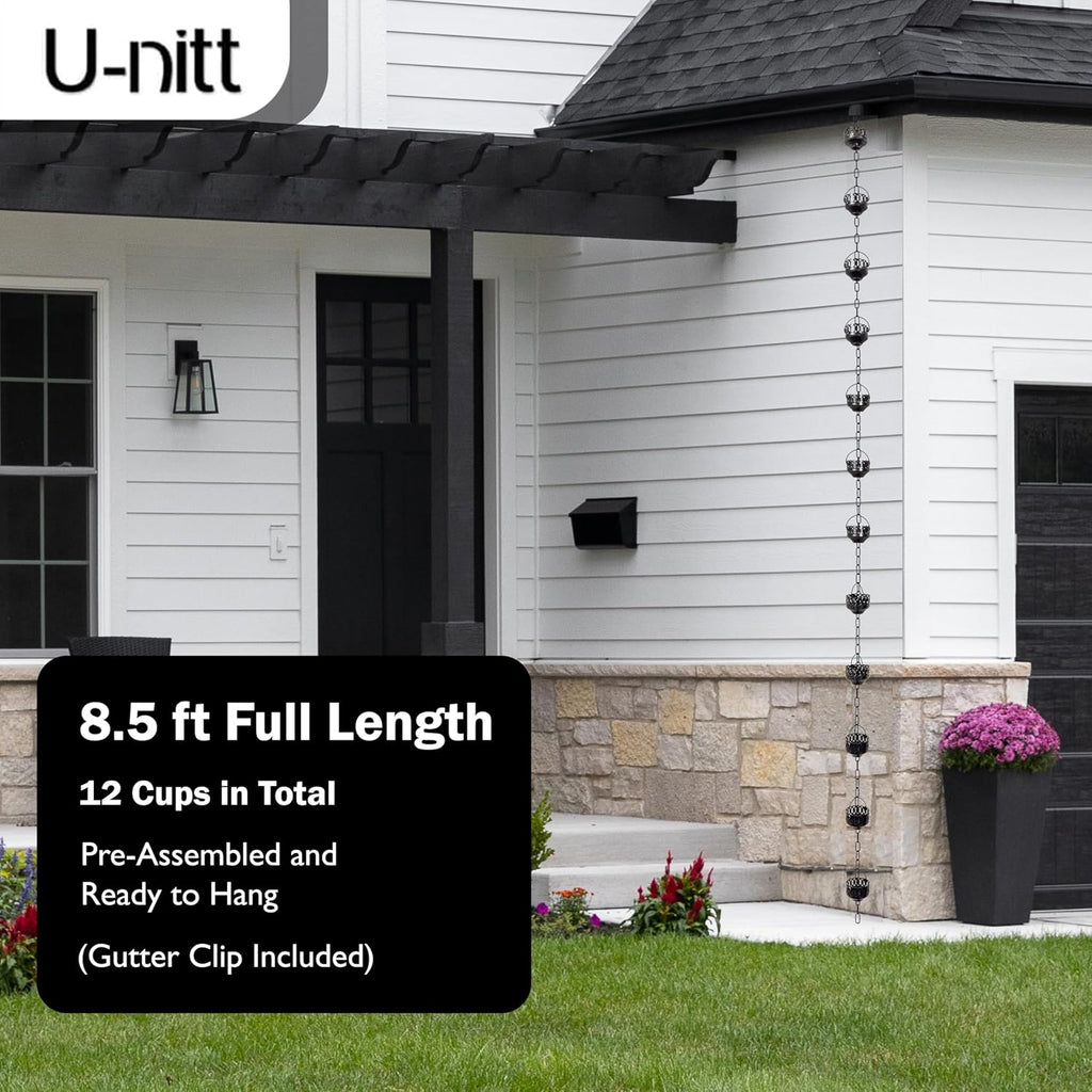 U-nitt Rain Chain Water Collection for Gutters Rainwater Catcher & Diverter, 8.5 FT Chains for Outside Garden, Antique