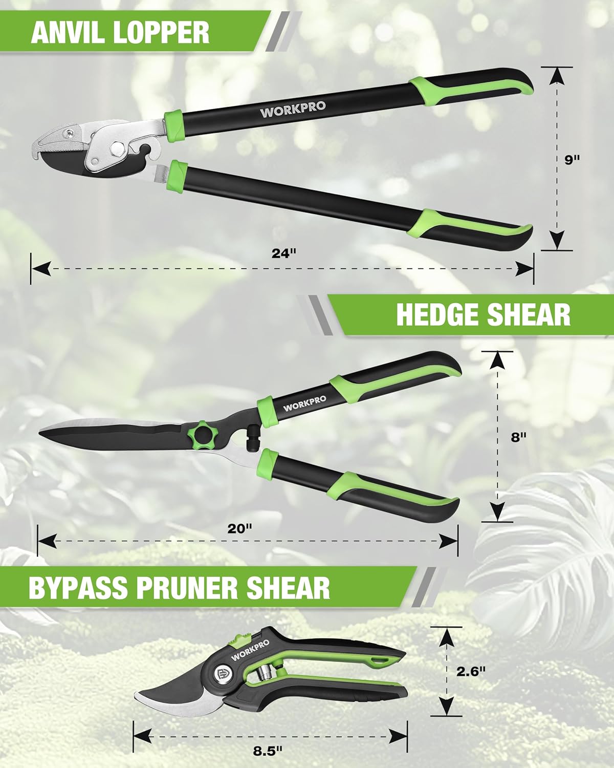 WORKPRO 3-Piece Garden Shears Set, Heavy-Duty Gardening Clippers | Includes 20” Hedge Shear, 24” Anvil Lopper & 8”