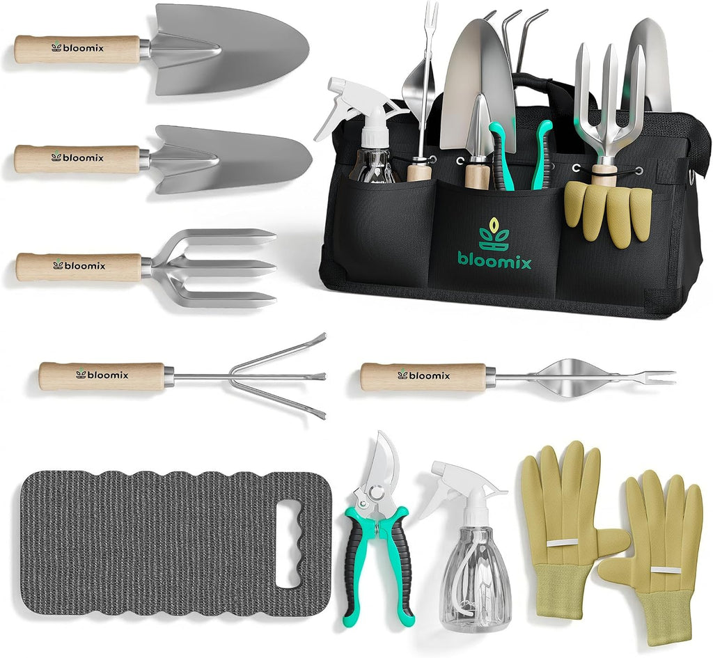 Bloomix 12Pcs Gardening Tools Set - Heavy Duty Garden Tools Set with Tool Bag, Kneeling Pad, Apron & More Garden