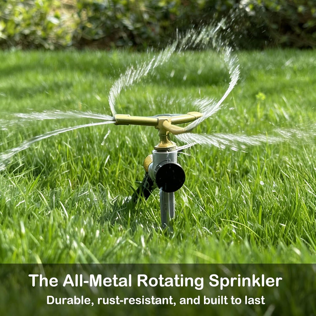[2 Pack] 3-Arm Rotary Sprinkler Brass Nozzle Metal Spike Base | 3-arm rotary, brass nozzle, metal spike base, 360°