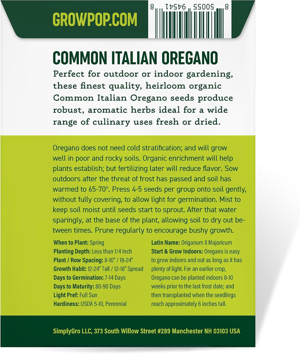 Organic Common Italian Oregano Seeds - USDA Organic, Non-GMO, Open Pollinated, Heirloom (5 Packets - 2.5 Grams - Approx