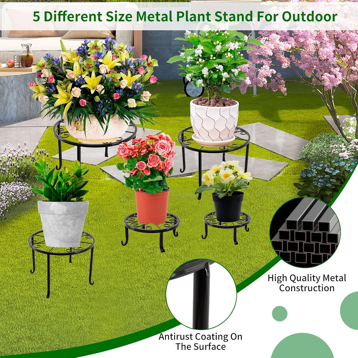 NSYOOMH 5 packs Rustproof Metal Plant Stands for Multiple Plant, Heavy Duty Plants Holder Outdoor Indoor, Round Wrought