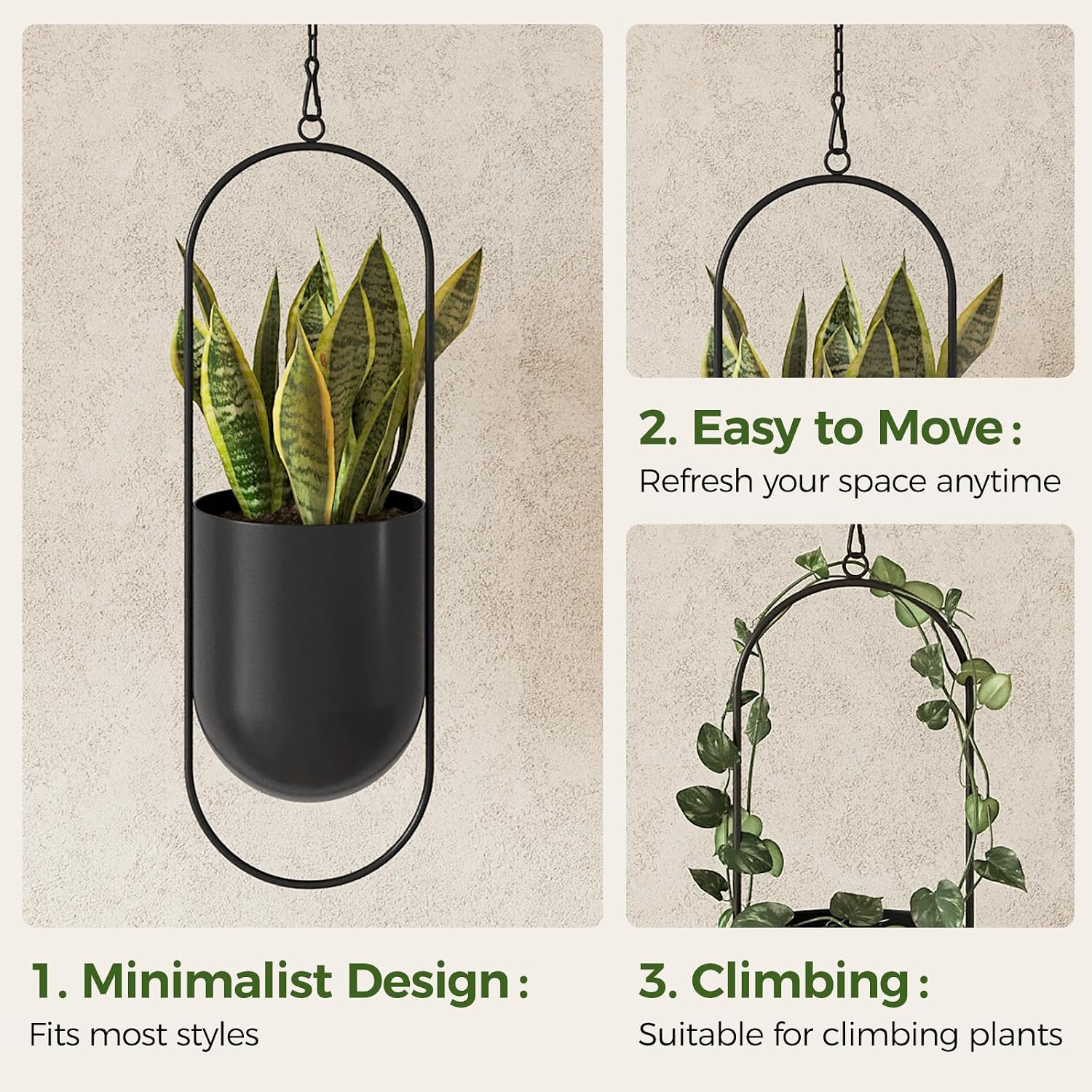 Bamworld Black Hanging Planters for Indoor Outdoor Plants Metal Hanging Pot | 5.5 Inch Modern Hanging Baskets, Window