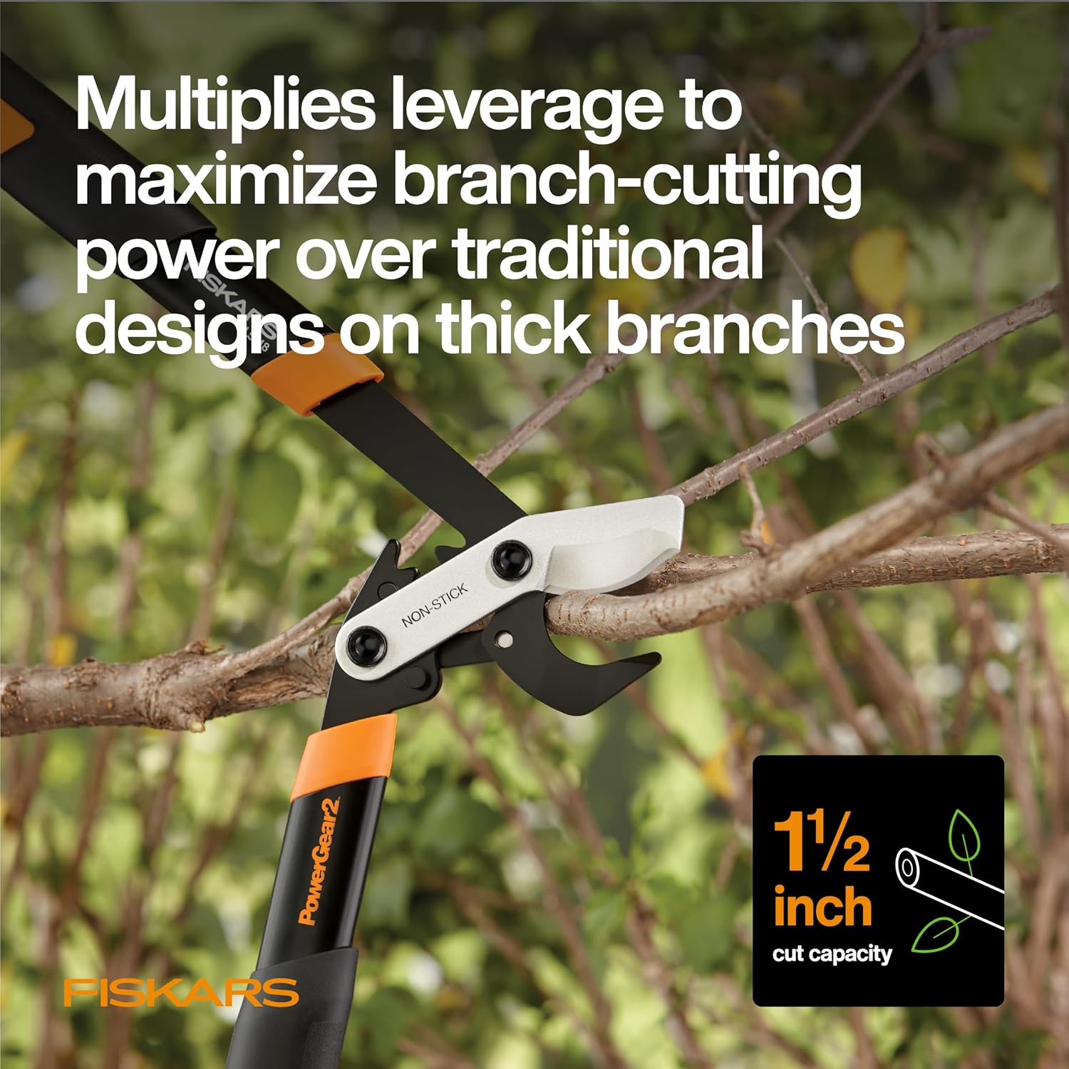Fiskars 18” PowerGear2 Garden Bypass Loppers, 1.5" Capacity Tree Trimmer | Compact Branch Cutter, Multiplies Power for