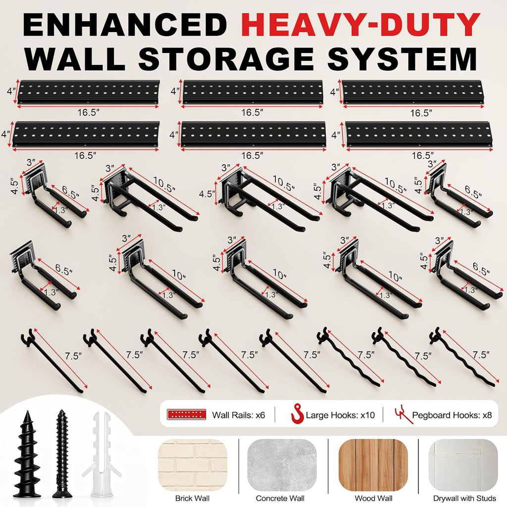 Garage Tool Organizer Wall Mount 99 inches with 18 Adjustable Heavy-Duty Hooks, Garage Organization, Garden Tool