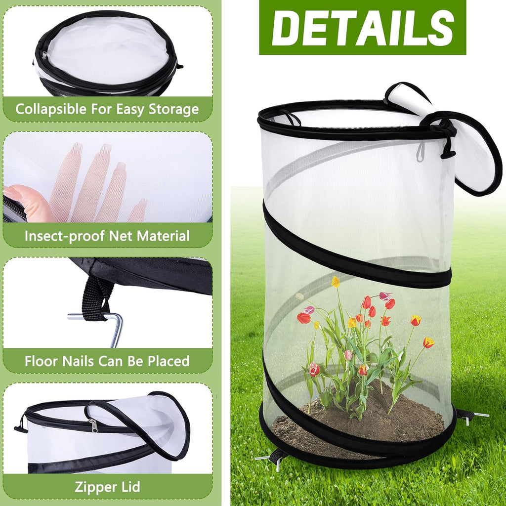 4 Pcs Pop Up Insect Barrier Plant Cover Net, 19.6" x 11.8" Round Foldable Plant Protectors Mesh Plant Enclosure, Garden