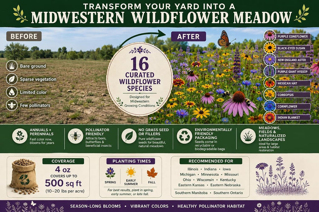 Indiana Bulk Perennial and Annual Wildflower Seed Mix 1/4lb Covers 500sq-ft - Attract Pollinators, Multi-Color Non-GMO