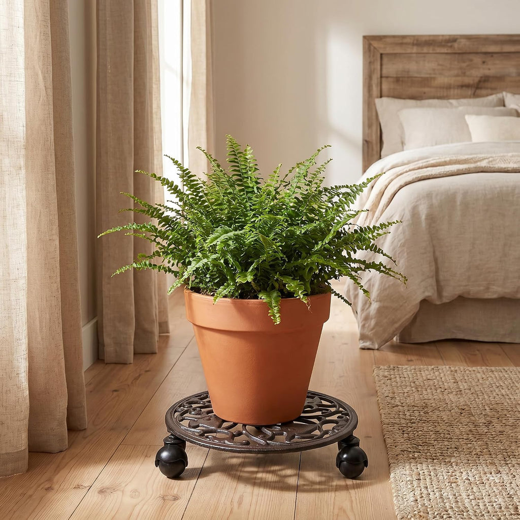 Fasmov Rose Cast Iron Plant Stand Plant Pallet Caddy Plant Pot with Heavy Duty Wheels Indoor Outdoor Planter Trolley