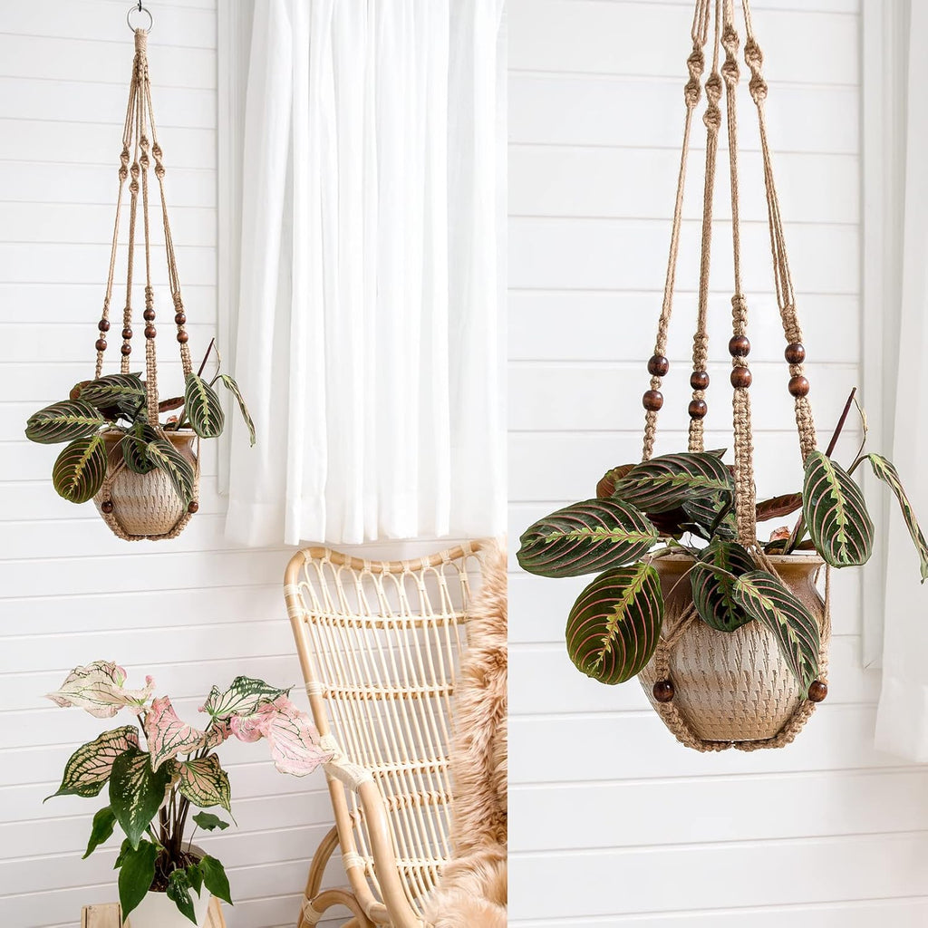 Mkono Macrame Plant Hanger Indoor 35 Inch Hanging Planter Basket Brown 3Pcs | Hanging Plant Holder with Decorative Wood