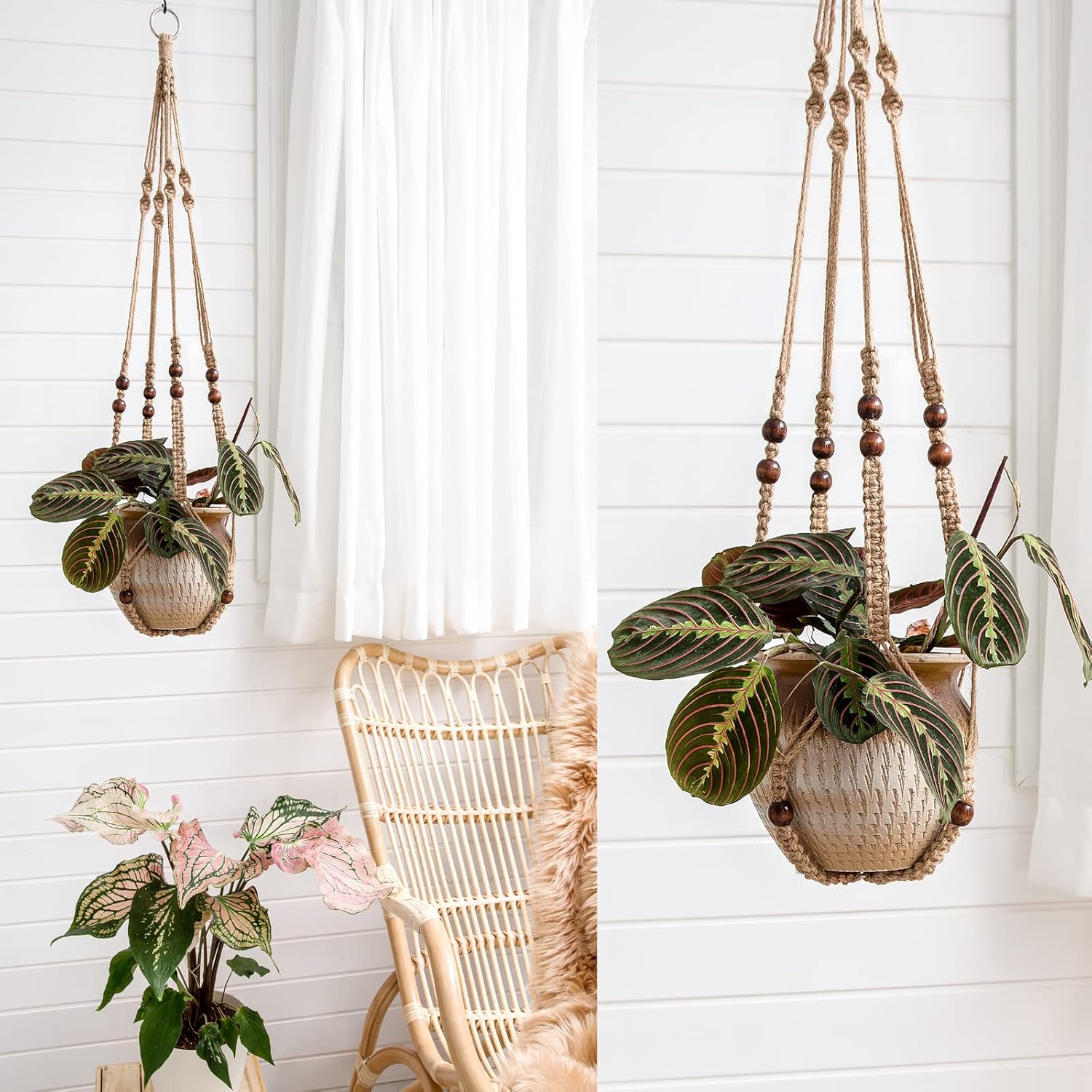 Mkono Macrame Plant Hanger Indoor 35 Inch Hanging Planter Basket Brown 3Pcs | Hanging Plant Holder with Decorative Wood