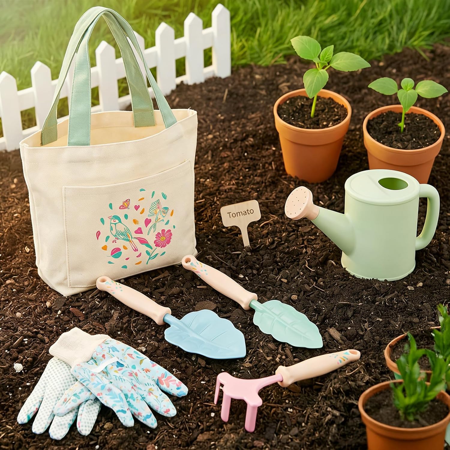 FITNATE Kids Gardening Tools Set 6PCS | with Watering Can, 3 Garden Tools, Gloves & Tote Bag, Perfect for Garden