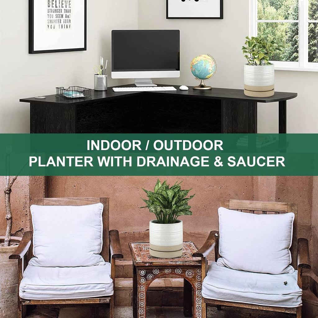 HERDUK 6 Inch Plant Pots, Ceramic Planter Pot with Drainage Hole & Saucer, Indoor/Outdoor Cylinder Round Planter Pot