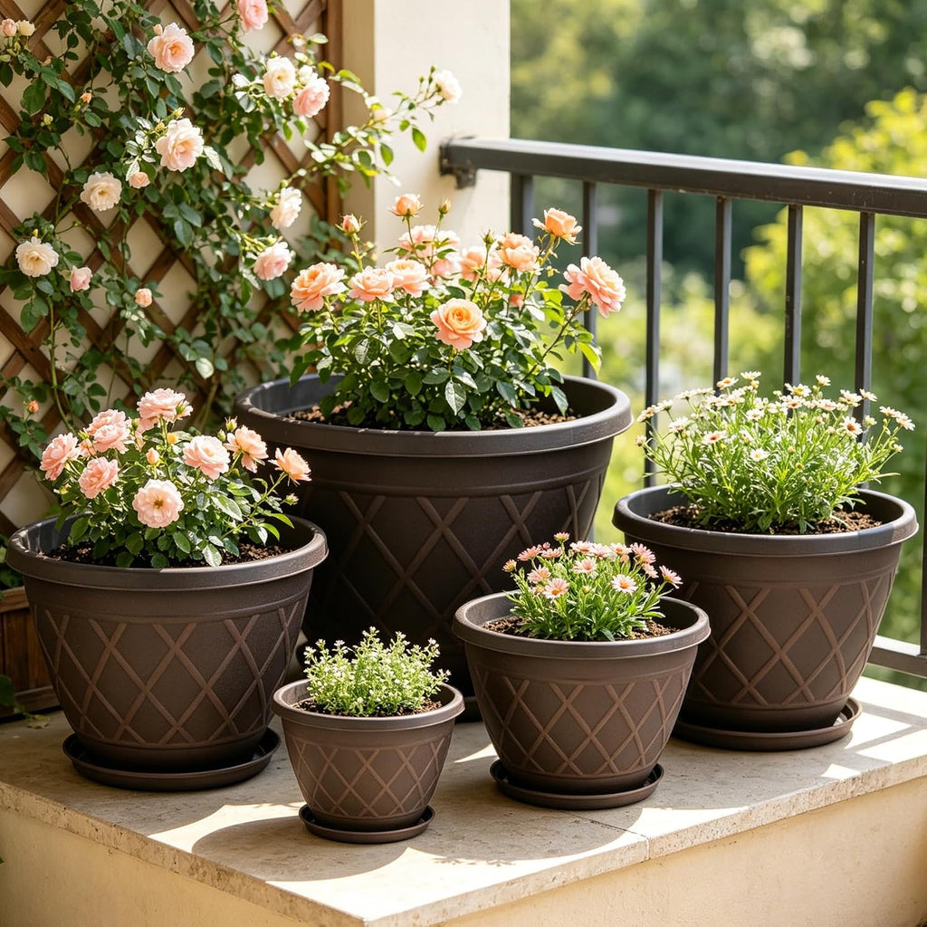 4 Pack 12 Inch Pots for Plants, Plastic Flower Pots with Faux-fence Texture | Modern Planter Pots with Saucers &