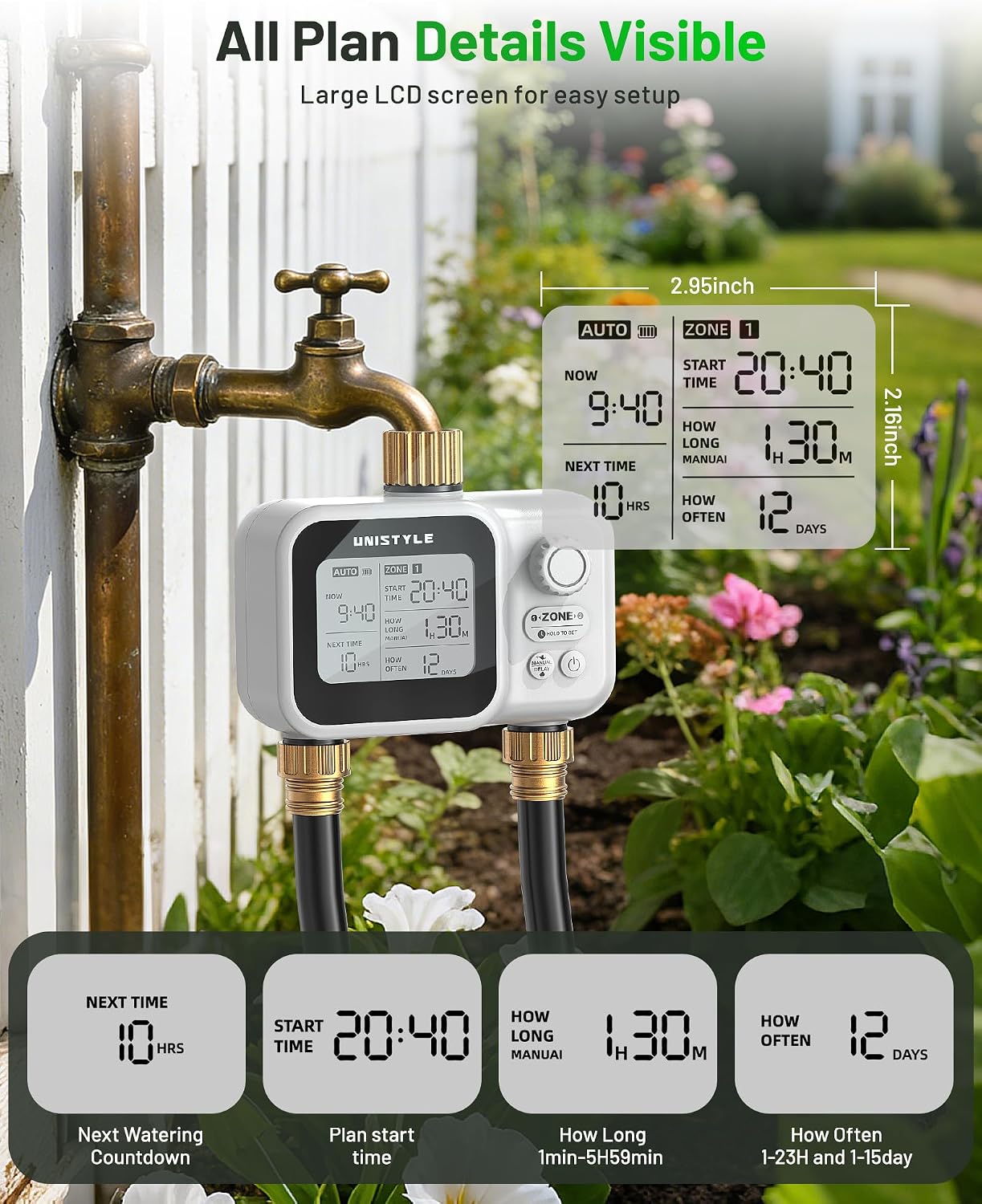 [All-New 2027] 2 Zone Ball Valve Sprinkler Timer Brass Inlet, Low-Pressure Starts at Zero Pressure, Unistyle Water