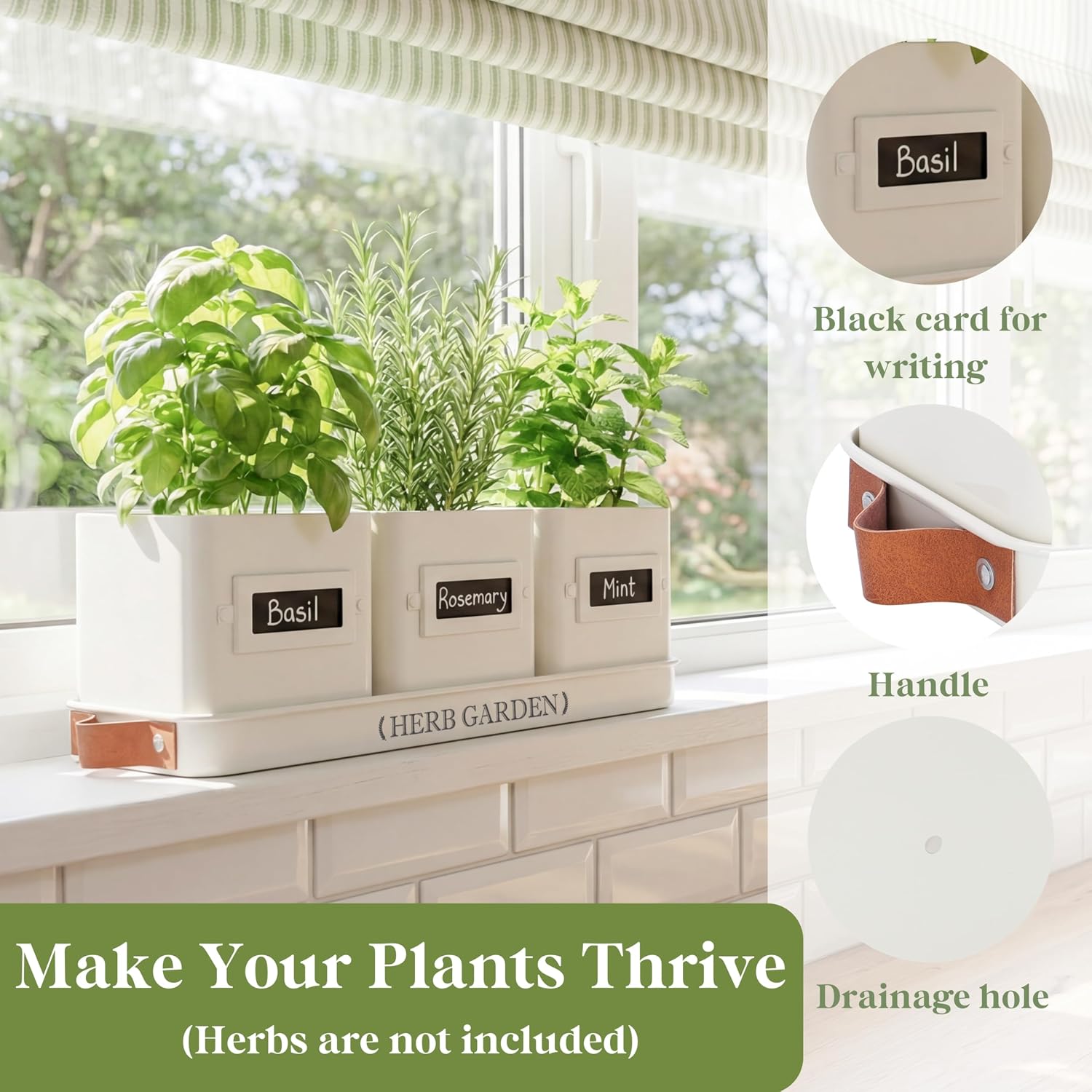 PERFNIQUE Indoor Herb Garden, Herb Planter Set with Tray, Farmhouse Indoor Plant Pots, Windowsill Herb Garden with