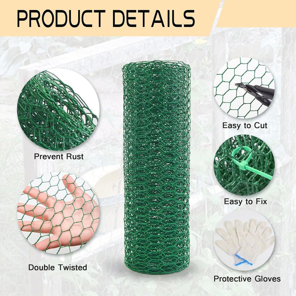 Chicken Wire 15.7in x 393.7in with a Pair of Gloves，1 Wire Cutter，100 Pcs Cable Zip Ties, Floral Chicken Wire Mesh