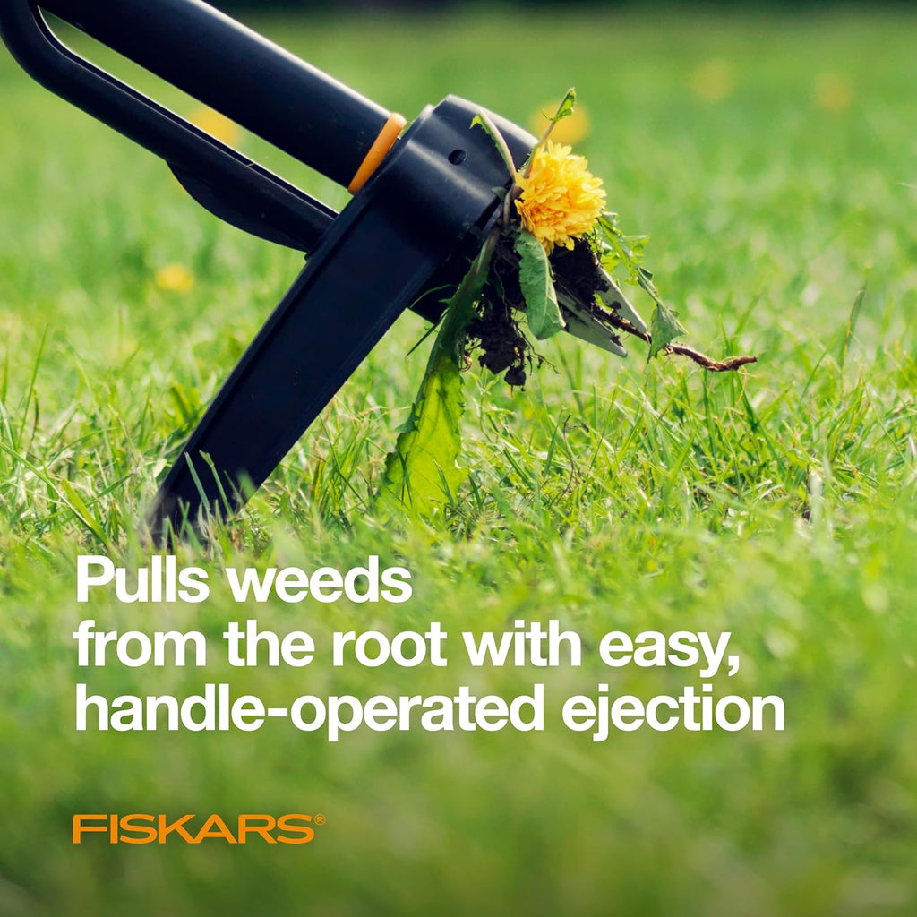 Fiskars Deluxe Stand-Up Weed Puller Tool, 4 Serrated Stainless Steel Claws | Claws Grip Dandelion Roots & More for