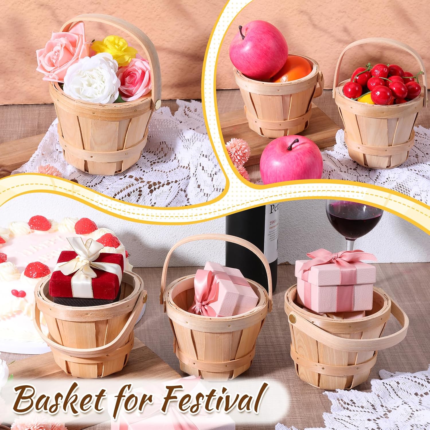 10 Pcs Mini Wooden Apple Baskets, 5.1 x 3.9 Inch Small Harvest Baskets Bulk Round Woven Farmers Market Berry Basket