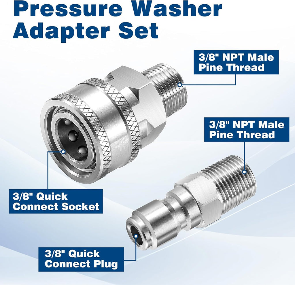 3/8 Inch NPT Pressure Washer Quick Connect Adapter Set, 12-Piece | Stainless Steel Male Thread Fittings for Compatible