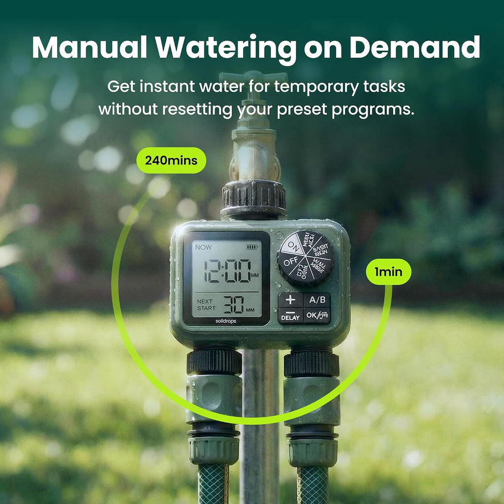 Garden Hose Sprinkler Timer 1 or 2 Outlet Programmable Controller | Self-cleaning valve, rain delay, auto-off, IPX5