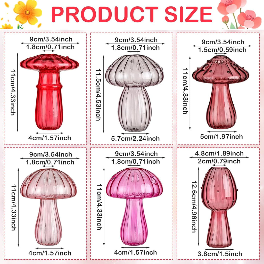 7 Pcs Glass Mushroom Vase Propagation Station with Hydroponic Plant and Artificial Fake Moss 6 Colored Plant Vase Table