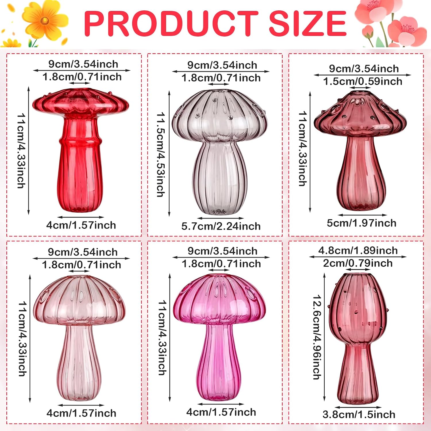 7 Pcs Glass Mushroom Vase Propagation Station with Hydroponic Plant and Artificial Fake Moss 6 Colored Plant Vase Table