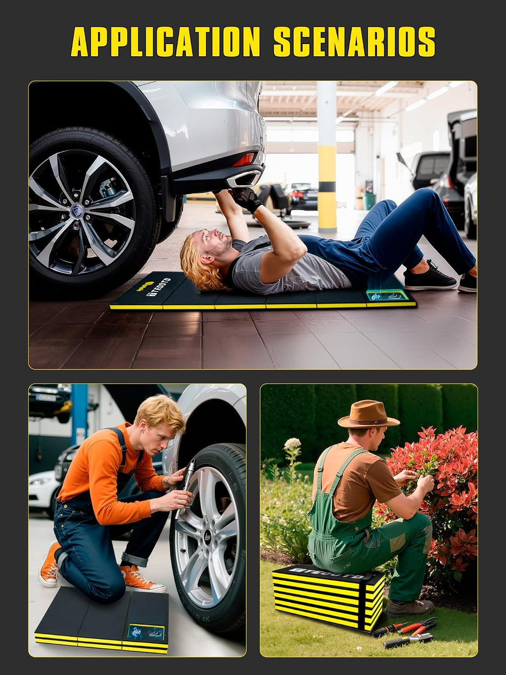 1.2" Extra Thick Foldable Mechanic Mat, Kneeling Pad with Magnetlc Tool Compartment, Waterproof Comfortable EVA Mat