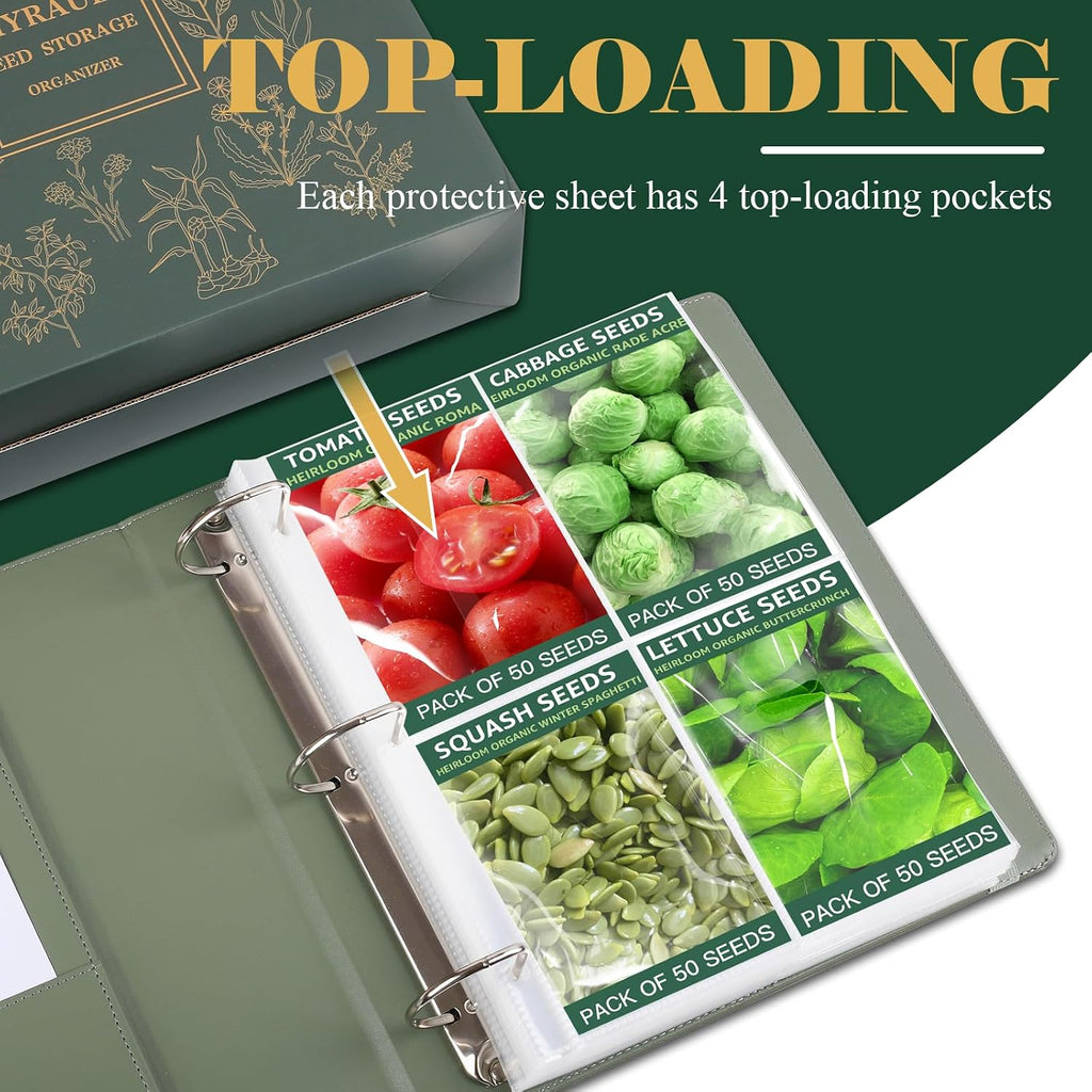 Seed Storage Organizer, Binder with 50 Pack Sleeves, Gift for Garden Lover | Large Capacity Stores 200 Seed Envelops