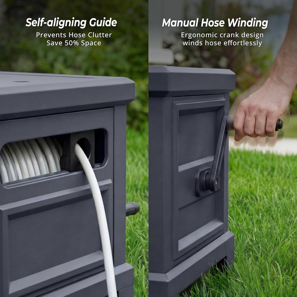 Garden Hose Reel Hideaway, Heavy Duty Metal Hose Reel Box Holds 125FT x 5/8" Hose, Steel Hose Storage Box with Manual