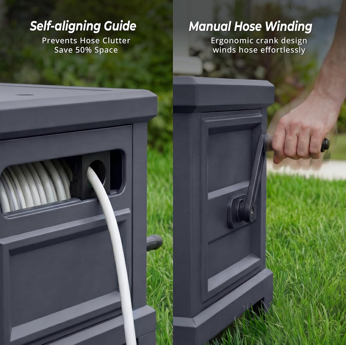 Garden Hose Reel Hideaway, Heavy Duty Metal Hose Reel Box Holds 125FT x 5/8" Hose, Steel Hose Storage Box with Manual