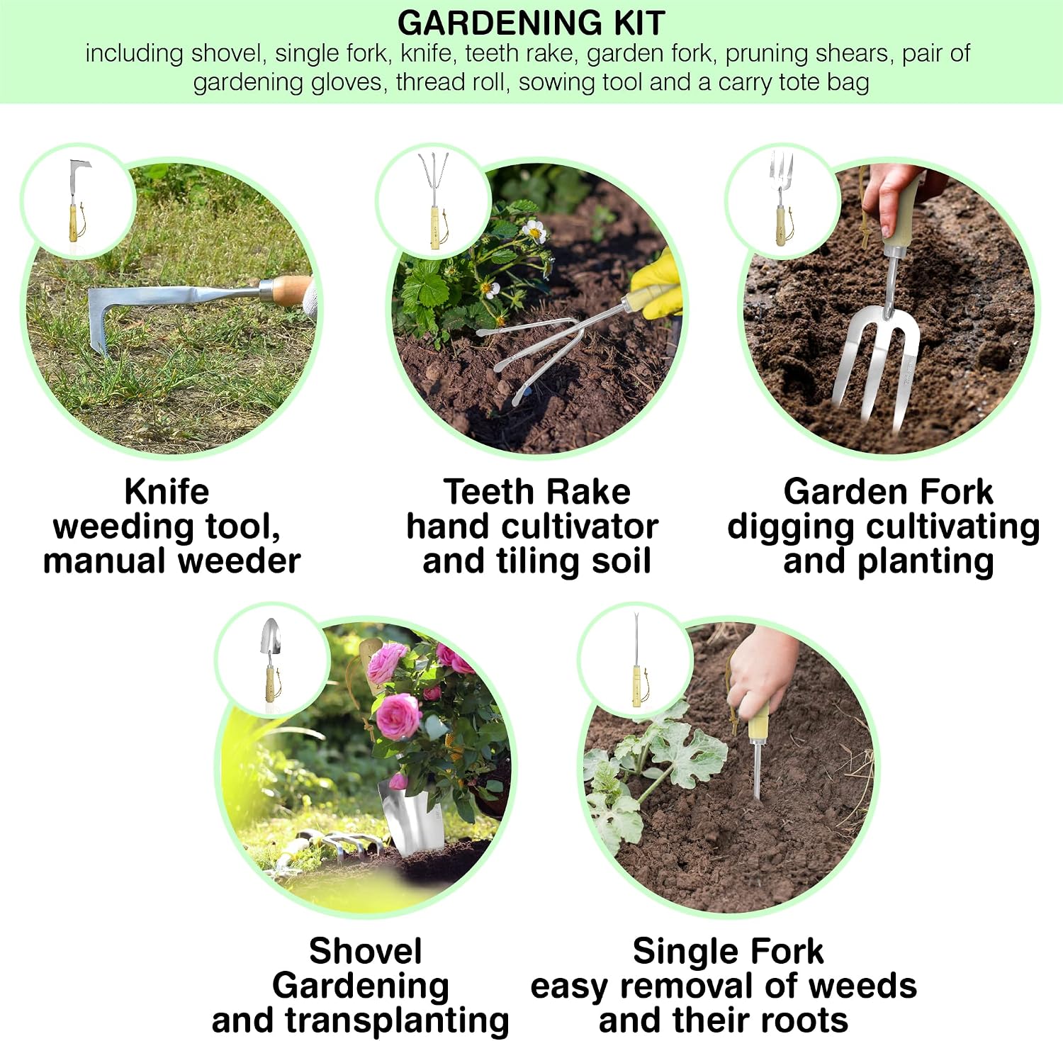 Garden Tools Set – Premium Stainless Steel Gardening Hand Tools with Solid Beechwood Handle – Gardening Kit with Rake