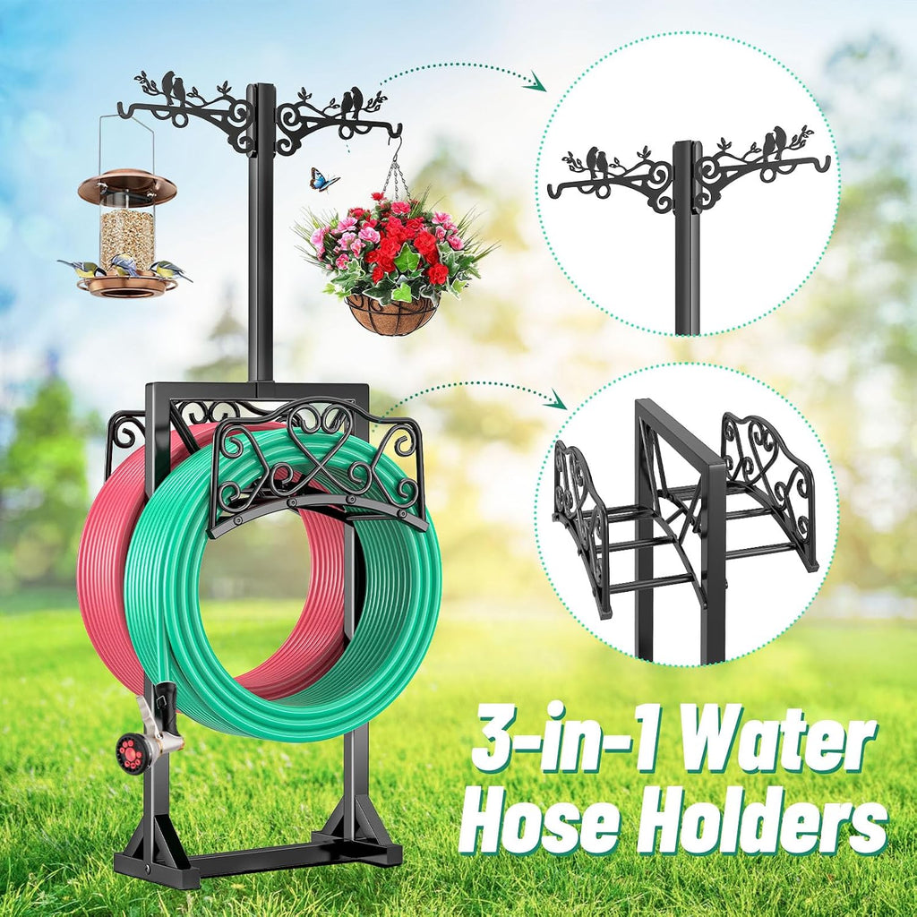 Garden Hose Holder for Outside,Water Hose Holders with 2 Bird Statue Shepherds Hooks & 5 Spikes,Double-Sided