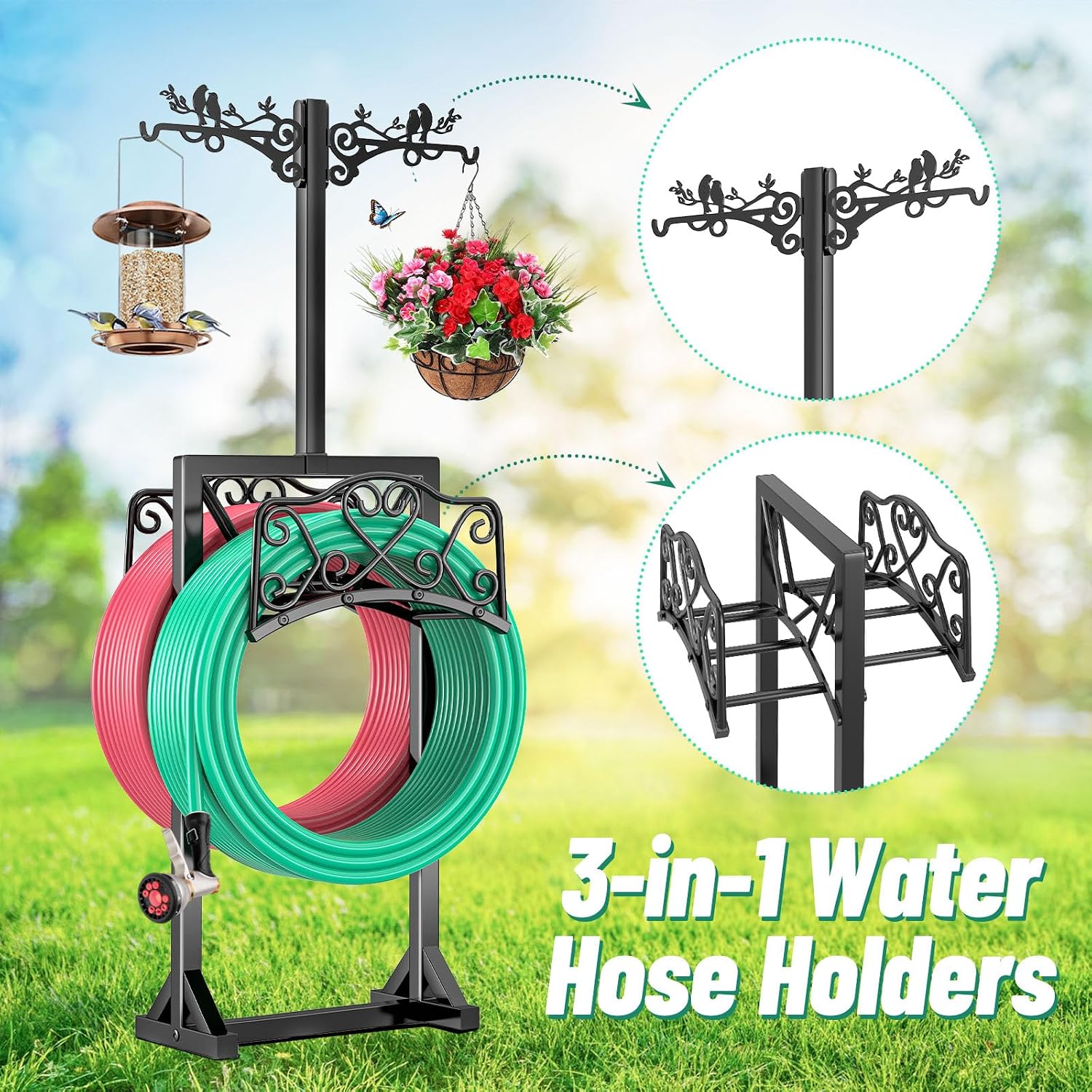 Garden Hose Holder for Outside,Water Hose Holders with 2 Bird Statue Shepherds Hooks & 5 Spikes,Double-Sided
